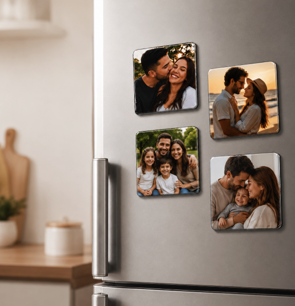 Memórias magnéticas com fotos de casais e famílias decorando uma geladeira