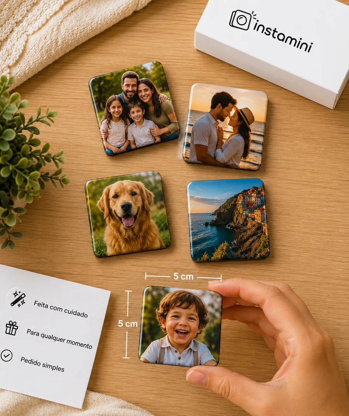 Memórias magnéticas de 5 por 5 centímetros com fotos de família, casal, cachorro, viagem e criança