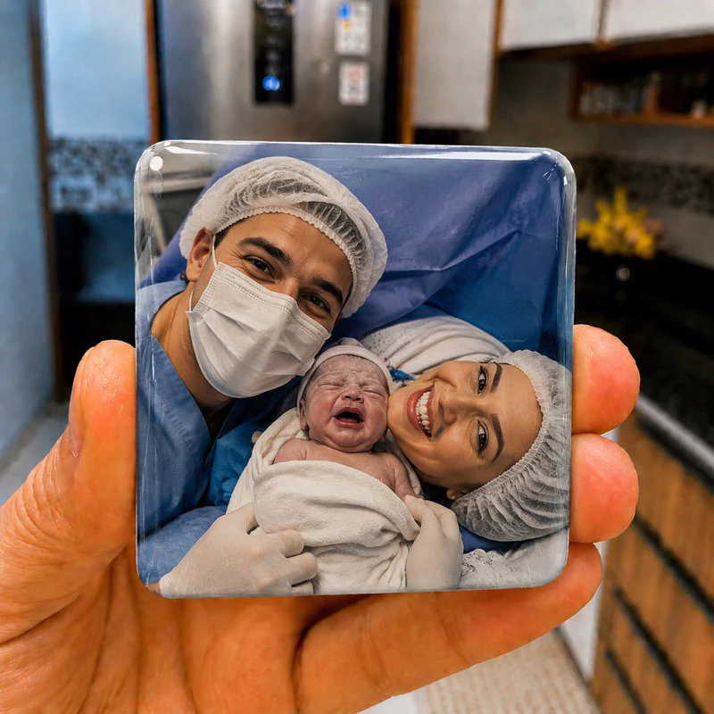 Instamini personalizada com foto de uma família na maternidade